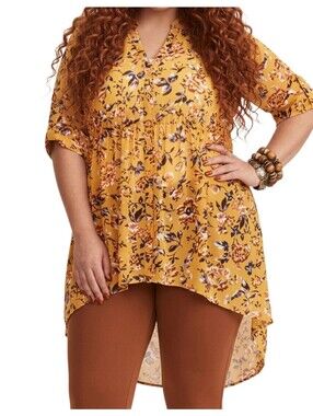 Torrid High Low Babydoll Chiffon Longline Top Mustard Floral Button Front Kimono
